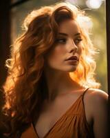 un hermosa mujer con rojo pelo posando en frente de un ventana generativo ai foto