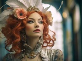 a beautiful woman with red hair wearing an ornate headpiece generative ai photo