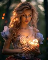 a beautiful young woman holding a lit candle in the woods generative ai photo