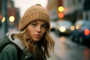 a beautiful young woman in a beanie standing on the street at night generative ai photo