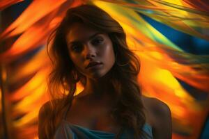 a beautiful young woman in a blue dress is standing in front of a colorful curtain generative ai photo