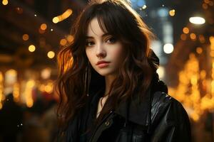 a beautiful young woman in a city at night generative ai photo