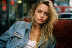 a beautiful young woman in a denim jacket sitting on a bench generative ai photo