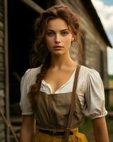 a beautiful young woman in a dress standing in front of a barn generative ai photo