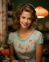 a beautiful young woman in a floral dress sitting at a table with a cup of coffee generative ai photo