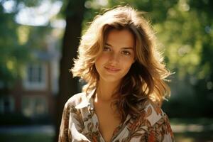 a beautiful young woman in a floral shirt posing for the camera generative ai photo