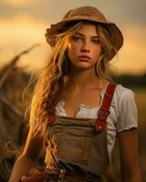 a beautiful young woman in a hat and overalls standing in a field generative ai photo