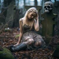 a beautiful young woman in a gothic dress sitting on a tombstone generative ai photo