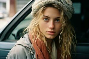 a beautiful young woman in a hat and scarf sitting in the back seat of a car generative ai photo