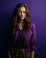 a beautiful young woman in a purple shirt against a purple background generative ai photo