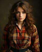 a beautiful young woman in a plaid shirt generative ai photo