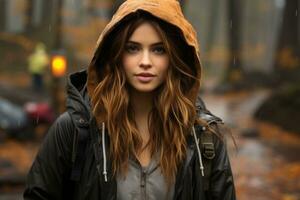 a beautiful young woman in a rain jacket standing in the woods generative ai photo