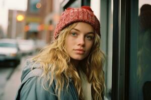 a beautiful young woman in a red hat and coat looking out the window generative ai photo