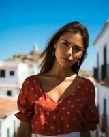 a beautiful young woman in a red top and white skirt generative ai photo