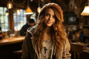 a beautiful young woman in a sweater and beanie standing in front of a table generative ai photo