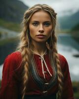 a beautiful young woman in a traditional norwegian dress generative ai photo