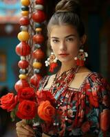 un hermosa joven mujer en un tradicional mexicano vestir participación un ramo de flores de rojo rosas generativo ai foto