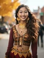 a beautiful young woman in a traditional indian outfit smiles for the camera generative ai photo