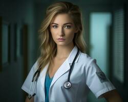 a beautiful young woman in a white coat and stethoscope generative ai photo