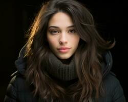 un hermosa joven mujer en un invierno Saco y bufanda generativo ai foto