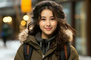 a beautiful young woman in a winter coat generative ai photo