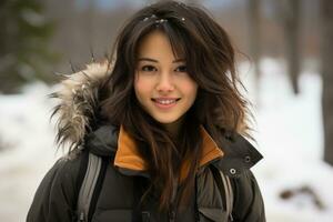 a beautiful young woman in a winter coat standing in the snow generative ai photo