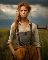 a beautiful young woman in an old fashioned outfit standing in the middle of a field generative ai photo