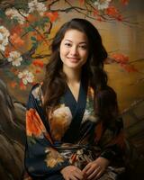 a beautiful young woman in an oriental robe sitting on a chair generative ai photo