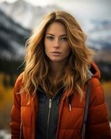 a beautiful young woman in an orange jacket standing in front of mountains generative ai photo