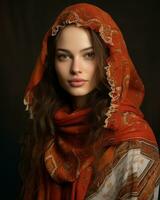 a beautiful young woman in an orange shawl generative ai photo