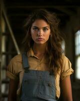 a beautiful young woman in overalls standing in an old building generative ai photo