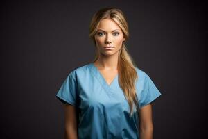 a beautiful young woman in blue scrubs on a black background generative ai photo