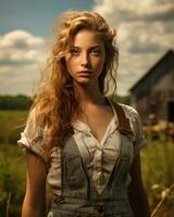 a beautiful young woman in overalls standing in front of a barn generative ai photo