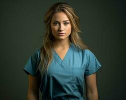 a beautiful young woman in scrubs posing for the camera generative ai photo