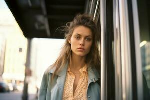 a beautiful young woman leaning against a bus stop generative ai photo