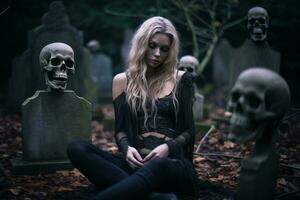 a beautiful young woman is sitting in a graveyard with skulls generative ai photo