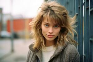 a beautiful young woman leaning against a fence generative ai photo