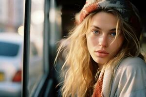 a beautiful young woman sitting on a bus looking out the window generative ai photo