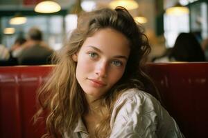 a beautiful young woman sitting in a restaurant generative ai photo