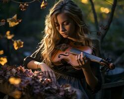 a beautiful young woman playing a violin in the woods generative ai photo