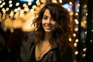 un hermosa joven mujer sonriente en frente de Navidad luces generativo ai foto