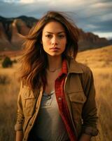 a beautiful young woman standing in a field with mountains in the background generative ai photo