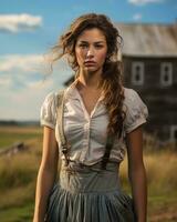 a beautiful young woman standing in front of an old barn generative ai photo