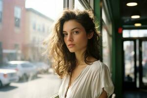 a beautiful young woman standing in front of a window generative ai photo