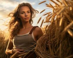 a beautiful young woman standing in a field of wheat generative ai photo