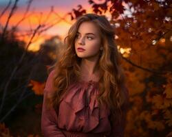 a beautiful young woman standing in front of autumn trees generative ai photo