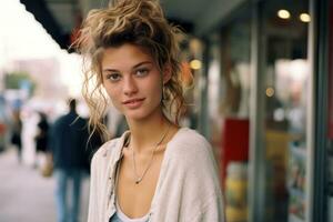a beautiful young woman standing on a sidewalk generative ai photo