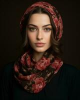 a beautiful young woman wearing a floral headscarf generative ai photo