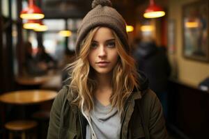 a beautiful young woman wearing a beanie in a restaurant generative ai photo