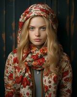 a beautiful young woman wearing a floral scarf and hat generative ai photo